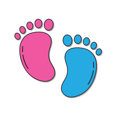 Newborn baby boy and girl footprint with heart shape. Childhood, birthday celebration, footsteps concepts. Flat vector design isolated illustration.