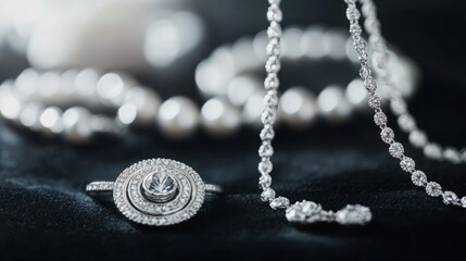 Fototapeta premium Close-up of a sparkling diamond ring and necklace, elegantly arranged on a dark surface. The intricate details of the jewelry are highlighted, creating a luxurious and sophisticated mood.