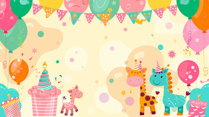 Fototapeta premium A cheerful and colorful cartoon illustration featuring cute animals, balloons, party decorations, and festive elements on a pastel background