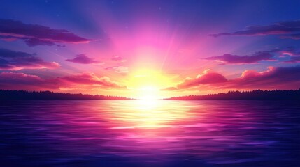 Obraz premium A vibrant sunset illuminates the sky with hues of pink and purple, reflecting beautifully on the calm waters below.