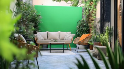 Serene Patio Oasis: A Tranquil Backyard Retreat with Lush Greenery and Chic Furniture