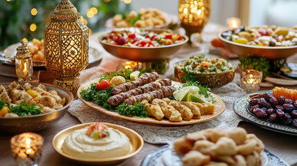 a luxurious Iftar table set for Ramadan, featuring a variety of traditional dishes such as dates, samosas, lamb kebabs, hummus, and fresh salads