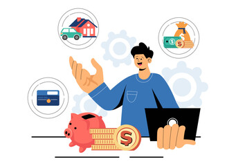 Personal Finance Management Vector Illustration Depicting Money Spending Habits, Purchase Planning, Financial Goal Setting, and Budget Management