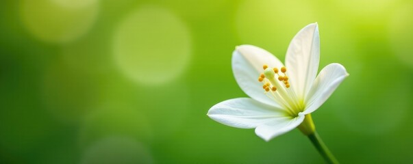 White corolla flower with visible yellow stamens on a green stem, bloom, yellow