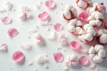 White delicate cotton texture with scattered flower petals, hue, petals