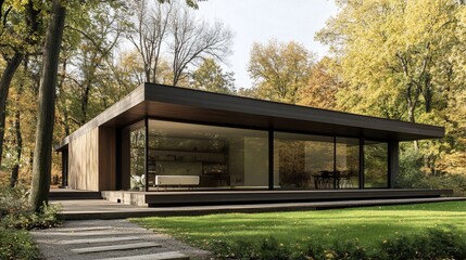 Fototapeta premium Modern Minimalist House in Autumnal Forest