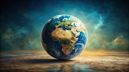 Fototapeta premium A solitary globe rests on a barren, desolate landscape, under a dramatic, swirling sky, symbolizing environmental fragility and the need for planetary preservation.