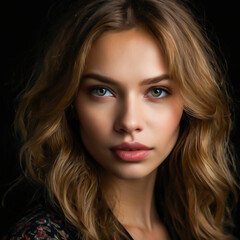 Naklejka premium Gorgeous Allure: A Close-Up Portrait of a Woman with Flowing Hair and Striking Features, Radiating Confidence