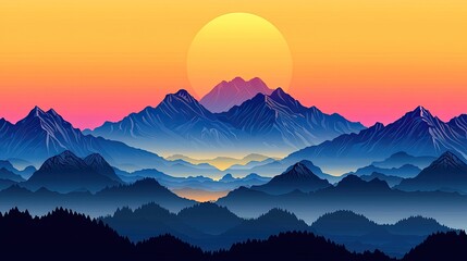 Vibrant sunset over layered mountain ranges with a serene valley in the foreground