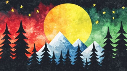 Vibrant sunset over a mountain landscape with colorful trees and stars in the night sky