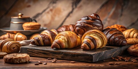 A delightful assortment of freshly baked croissants, showcasing a variety of flavors and textures, arranged on a rustic wooden board, accompanied by coffee and pastries.