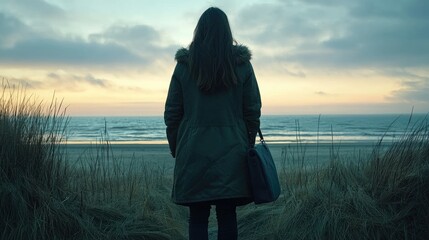 Woman in a green coat stands on a beach at sunset, gazing at the ocean waves and sky