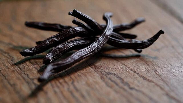 Close-up video shot of vanilla beans on a wooden surface, highlighting texture and detail from a low-angle perspective.