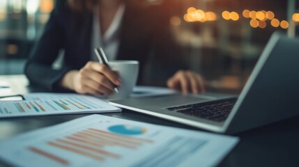 Businesswoman analyzing financial reports and working on her laptop