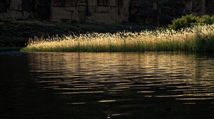 Serene riverbank at sunset with golden grasses reflecting on calm water, surrounded by cliffs