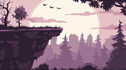 Serene landscape at dusk with silhouetted trees, birds flying, and distant city skyline