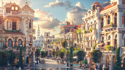 picturesque street scene featuring elegant buildings, lush greenery, and vibrant atmosphere. architecture showcases intricate designs and warm