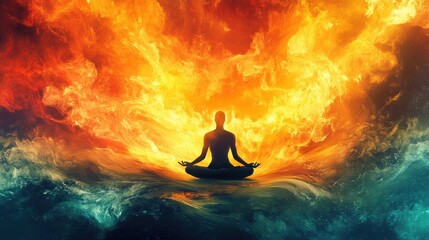 Meditative figure surrounded by glowing flames and vibrant energy