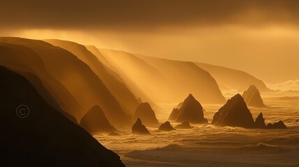 Serene golden hour over rugged coastal cliffs with sun rays illuminating the ocean waves