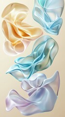Abstract composition of flowing, translucent fabric in soft pastel colors against a neutral backdrop