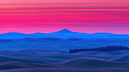 Serene Sunset Over Rolling Hills with Vibrant Colors and Distant Mountain Peaks