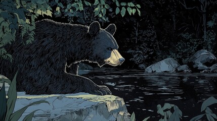 A solitary black bear crouches by a serene riverbank surrounded by lush foliage at dusk