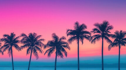 Vibrant sunset over a serene beach with silhouetted palm trees and a tranquil ocean view