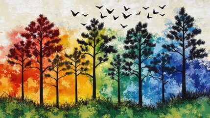 Vibrant abstract landscape with colorful trees and flying birds against a textured background