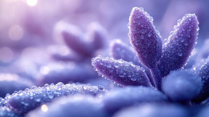 Close-up of dew-covered purple succulent leaves glistening under soft morning light