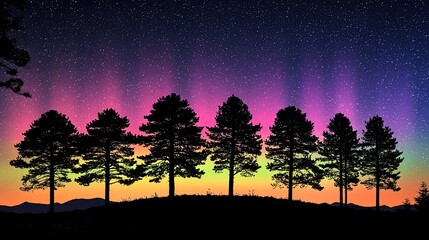 Silhouetted trees against a vibrant aurora borealis sky at twilight, showcasing nature's beauty