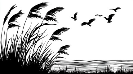 Silhouette of Reeds and Birds Flying Over a Tranquil Water Surface at Dusk