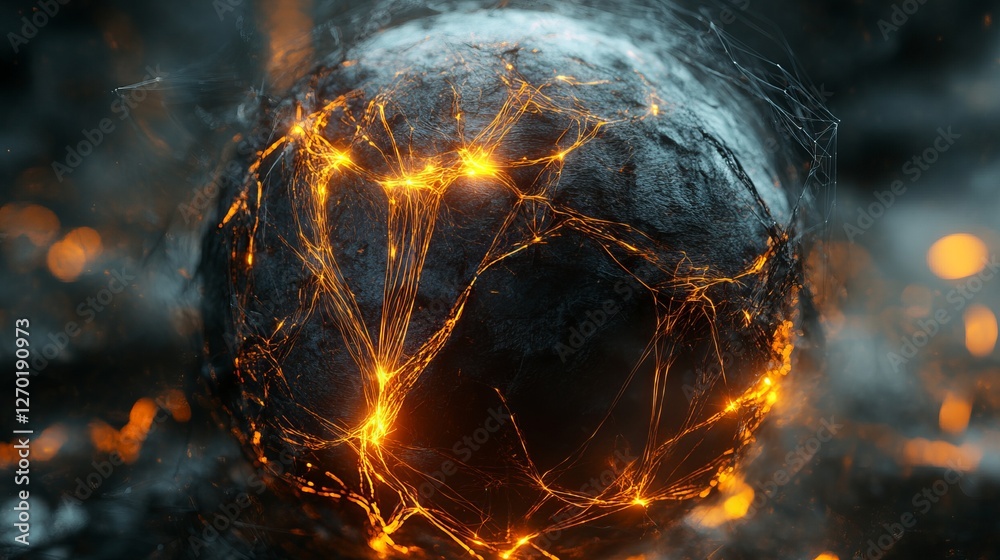 Poster futuristic neural network globe with glowing data threads and abstract digital figures representing 