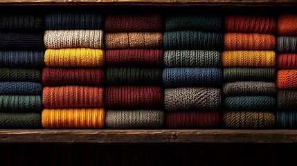 Neatly stacked colorful knit sweaters on wooden shelf.