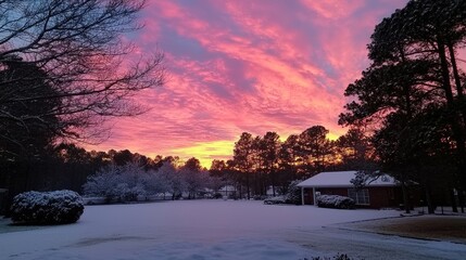 Stunning winter sunset casting vibrant colors over a snowy landscape with trees and a building