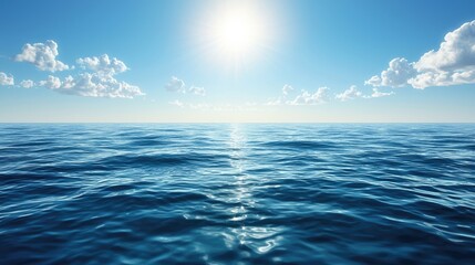 Serene ocean view under a bright sun with gentle waves and scattered clouds in the sky