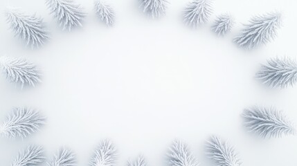 Frosted pine branches frame a serene white background, perfect for winter-themed designs