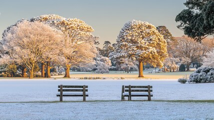 Serene winter landscape featuring snow-covered trees and benches in a tranquil park setting