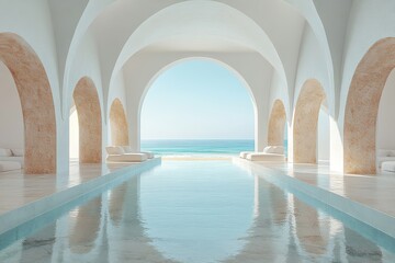 Minimalistic Scene with Round Arches and Window on White Background, 3D Render. Close-Up View with Studio Lighting Creates Daylight Effect, Featuring Beach and Light Blue Sky Reflections.