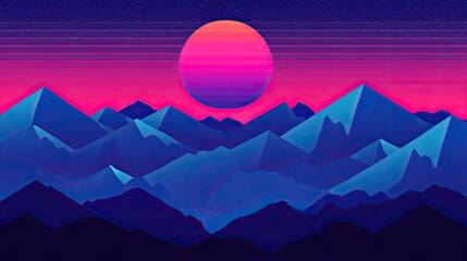 Vibrant sunset over stylized mountains with a colorful gradient sky, ideal for digital art