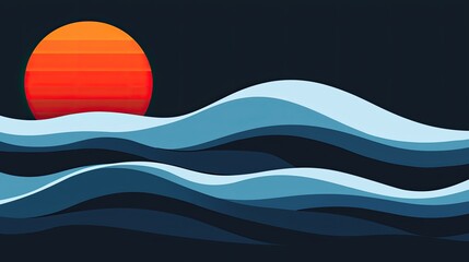 Abstract illustration of a vibrant sunset over stylized waves, creating a serene atmosphere