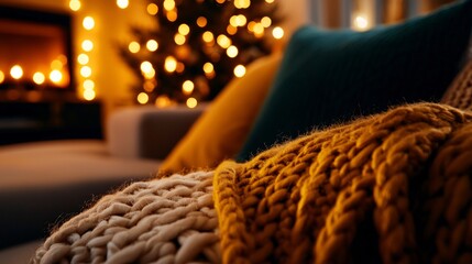 Cozy Living Room Interior With Soft Lighting Golden Yellow and Green Pillows