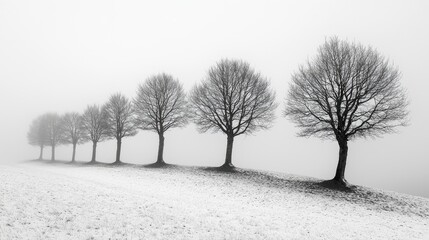 Serene winter landscape featuring a row of bare trees in fog against a snowy field