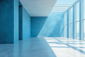 Obraz premium Close-Up of Corner Detail in Open Space with Blue and White Walls, Grey Ceiling and Rectangular Skylights. Highlights Architectural Elements with Clean Lines and Minimalistic Design.