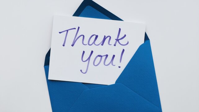 Handwritten thank you card nestled in a blue envelope