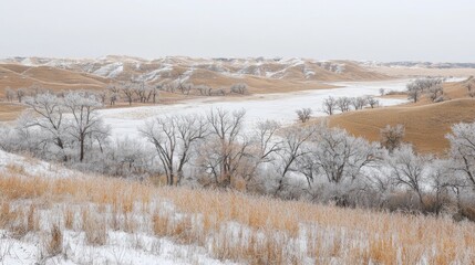 Frost-covered landscape with rolling hills and frozen river, showcasing winter's beauty