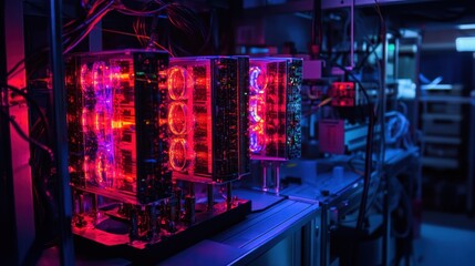 Obraz premium Illuminated Quantum Computer Hardware