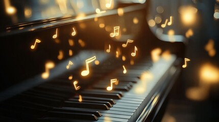Glowing musical notes float above a grand piano's keys, creating a magical, musical atmosphere. The warm lighting enhances the elegant setting.