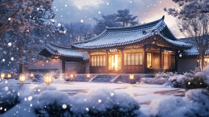 Fototapeta premium Serene Winter Night at a Korean Hanok