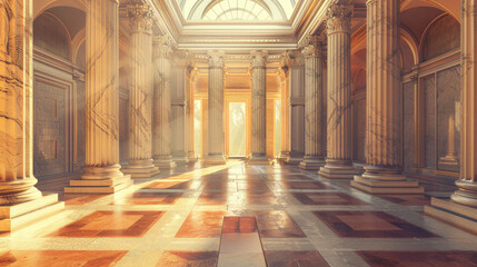 Majestic interior of grand hall with tall columns and sunlight streaming in, creating serene atmosphere