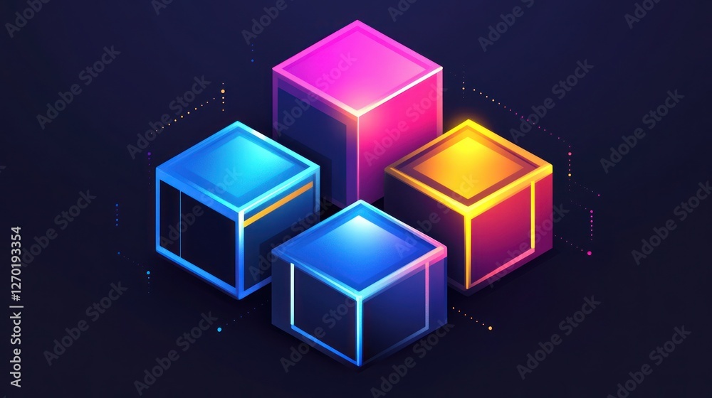 Poster abstract glowing cubes floating in the darkness symbolizing data blocks